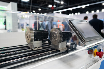 mechanical metallic gears with cogs mechanism, industrial machinery exhibition