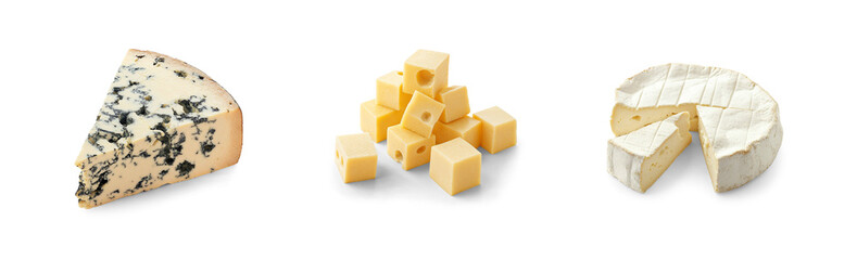 set of classic different types of cheese as milk dairy product display isolated on transparent png cutout background