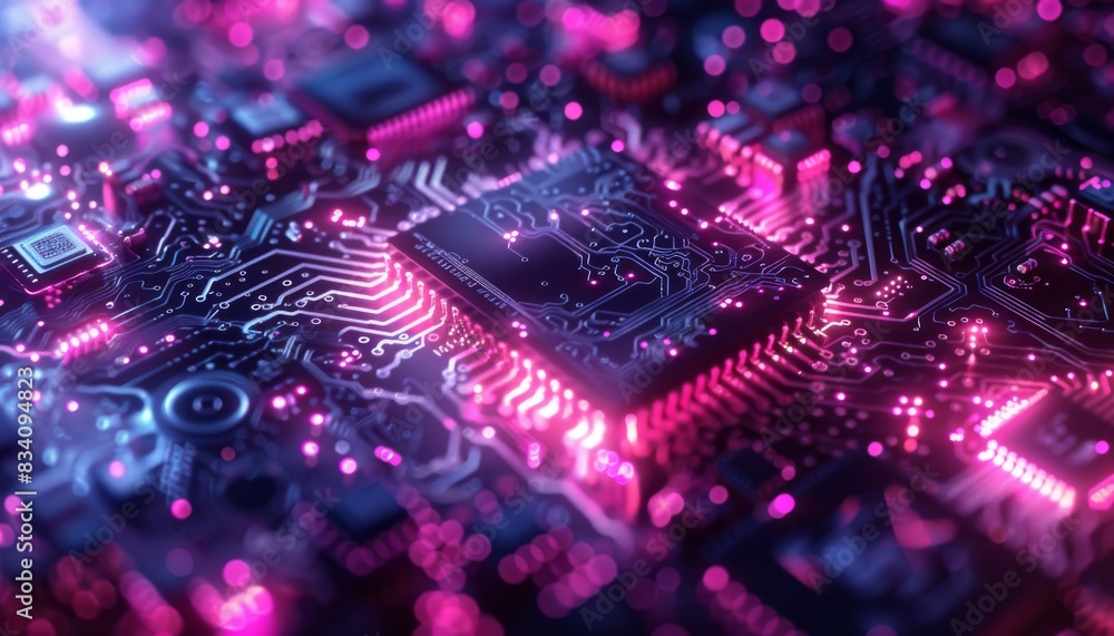 Poster glowing circuit board with pink lights. close-up of an illuminated circuit board with vibrant pink l