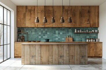 Kitchen With Wooden Cabinets and Green Tile Backsplash