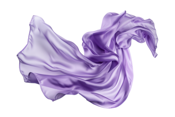 A flowing piece of lavender satin fabric, gently swirling and dancing in the air, isolated on transparent background