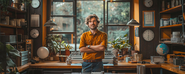 Man standing in a vintage-inspired workshop