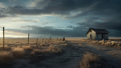 Solitary old house in an open prairie under a dramatic sky






