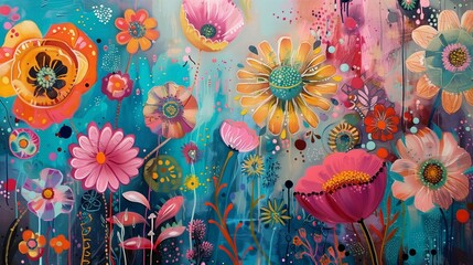 A vibrant and whimsical painting featuring stylized flowers in a myriad of colors with abstract patterns and textures.