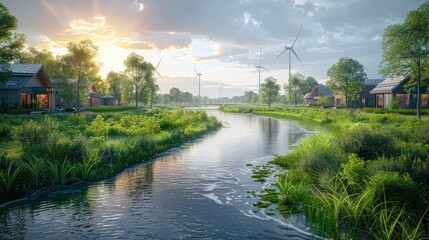 Fototapeta premium Eco-Friendly Landscape with Renewable Energy Sources: A Vibrant Stock Illustration for Sustainability Advocates