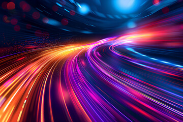 Obraz premium Abstract colorful speed background with lines in shape of track turn. Geometric and dynamic, trendy layout for racing club or sport competition, event poster. Futuristic and motion, race and linear