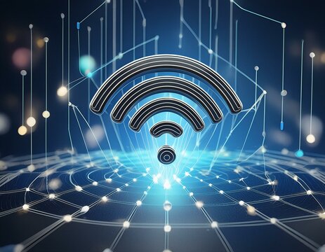 Pulsating wi fi symbol surrounded by abstract digital connectivity patterns on blue background - Powered by Adobe