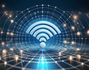 Pulsating wi fi symbol surrounded by abstract digital connectivity patterns on blue background