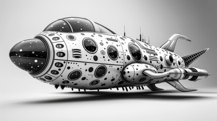 A black and white drawing of a spaceship with many holes, AI