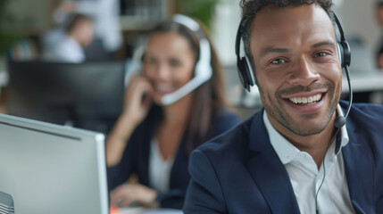 Smiling male agent with headset in modern office, providing assistance