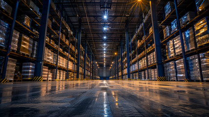 Long exposure shot capturing the sprawling interior of a well-lit, modern warehouse after dark