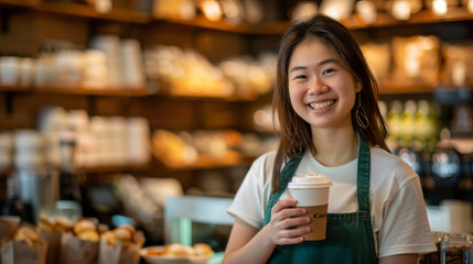 Happy barista holding a to-go coffee cup in a warm cafe setting