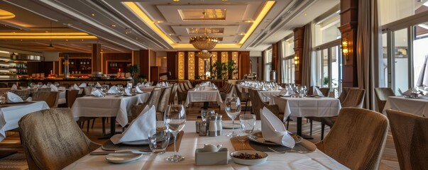 Luxurious restaurant interior showcasing opulent chandeliers and meticulously set dining tables.