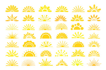 Simple yellow half sun hand drawn vector flat illustration with half-circle shape in middle, cute summer sunset, dawn image for logo, cards, decor, vacation concept, holiday, summertime kids design