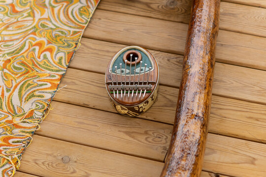 Kalimba and Didgeridoo on Wooden Background for Sound Therapy
