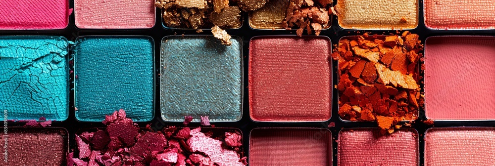 Poster Detailed view of a vibrant and textured eyeshadow palette with a variety of bright colors and a perfectly even surface. Generative AI