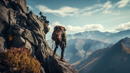 A climber scaling a steep rock face in the mountains, with the rugged terrain and sweeping vistas visible in the background, captured mid-climb.  - Powered by Adobe