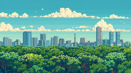 Obraz premium Pixelated Horizon: 8-Bit Greenery and City Skyline