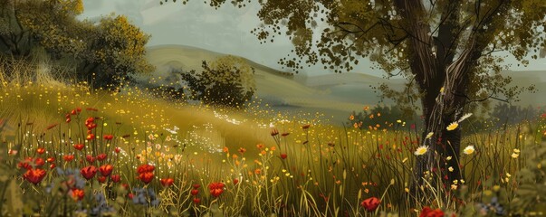 Fototapeta premium field of various wildflowers in bloom, creating a picturesque natural tapestry.