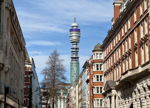 London, UK - March 9, 2024: British Telecom Tower viewed from Berners Street in central London, England.   