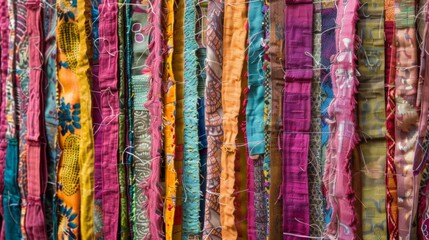 Obraz premium A bohemianinspired wall hanging made from strips of old saris bringing a global and sustainable touch to any space.