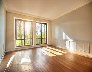 Fototapeta premium Bright and sunny empty room with hardwood floors and large windows.