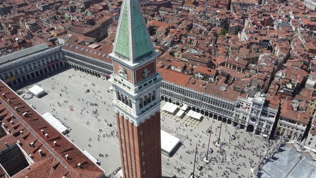 Venice city skyline, aerial view of St. Mark's Square with Doge's Palace, Basilica, and Campanile, Italy
