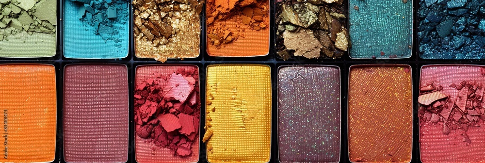 Poster detailed view of a variety of colorful eyeshadows with a rich and even surface texture. generative a