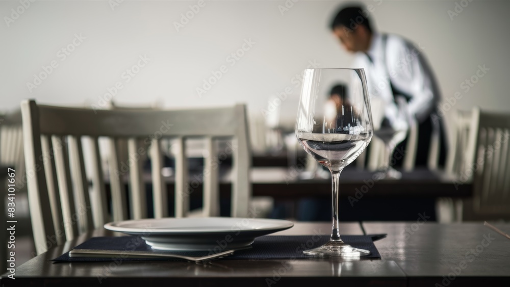 Poster a waiter is preparing to serve a table with empty plates and glasses, ai