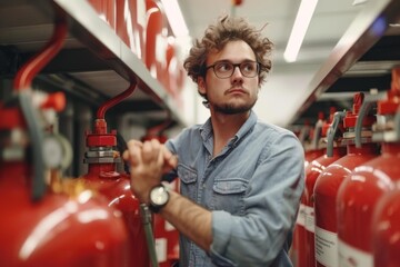 Fire extinguisher expert salesperson skilled salesman firefighter rescue fire safety protection professional equipment expertise technical test check maintenance certification inspection label
