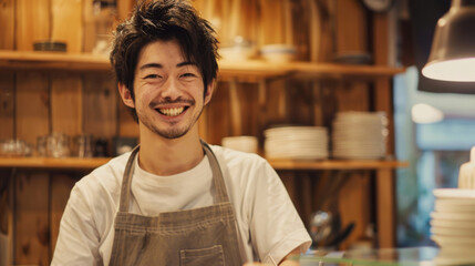 Cheerful young man with an apron standing in a cozy cafe setting