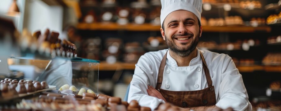 Happy male chef in white uniform presenting assorted chocolates in a well-lit pastry shop.