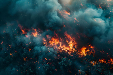 Aerial view of a forest fire with billowing smoke, creating hazardous situation