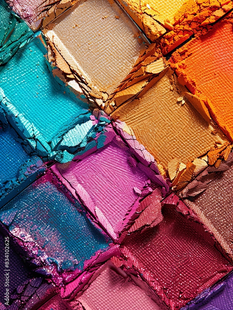 Poster a close-up of a multi-colored eyeshadow palette with bright, vibrant hues and visible texture, showc