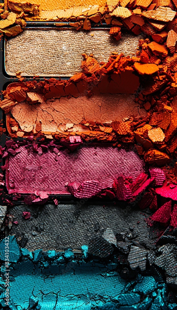 Poster close-up of a colorful eyeshadow palette with rich hues and visible texture on an even surface. gene