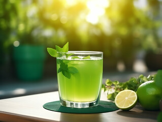 A Glass of lemon juice with green and yellow lemon, Refreshing and healthy lemon juice ice in a glass with summer background, lemon juice photo