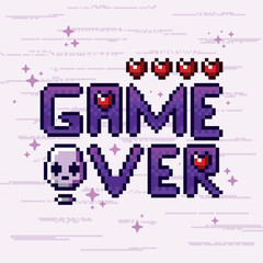 Game over screen with skull and hearts