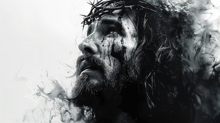 Solemn Depiction of Jesus Christ in Monochrome Watercolor Generative AI