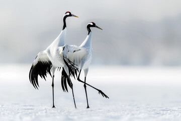 Obraz premium A pair of cranes performing a courtship dance in the snow, their elegant movements creating a beautiful pattern in the white landscape.