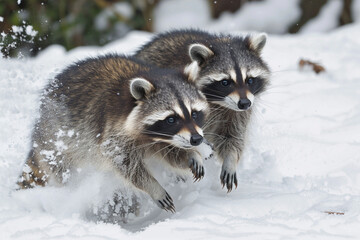 Obraz premium A pair of raccoons playing in the snow, their playful antics creating a flurry of white powder around them.