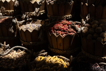 Variety of Arabic spices and herbs in the traditional spice market in Dubai