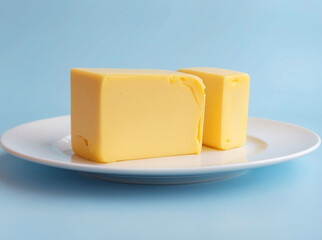 Fresh butter placed on a white plate, blue background. Breakfast still life. Cooking and good...