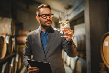 Portrait of man winemaker stand and hold glass of wine and clipboard