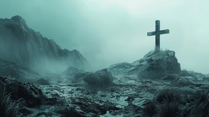 Religious Cross on Top of Rocky Cliff Landscape Generative AI