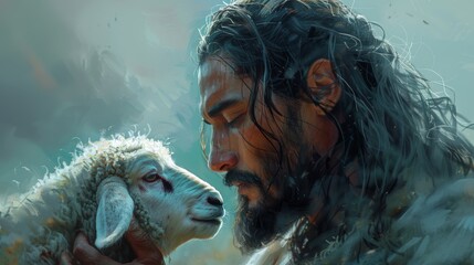 Serene Depiction of Jesus Cradling a Lamb Generative AI