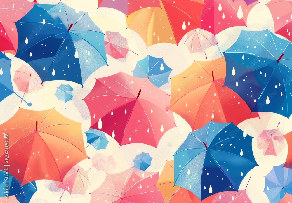 Poster a seamless pattern of colorful umbrellas in the sky, with raindrops falling, creating an atmosphere 