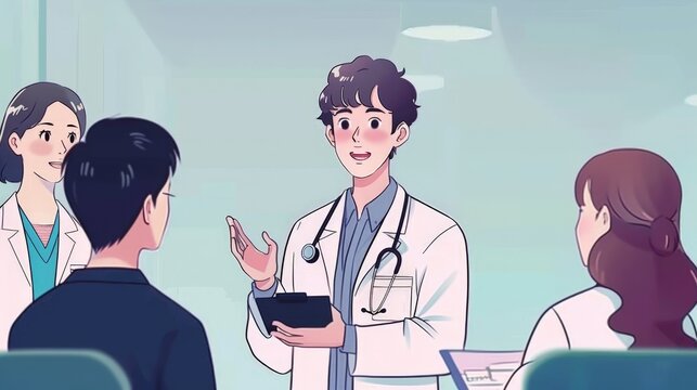 medical seminar business meeting, presentor is a doctor giving an audience presentation, anime - 