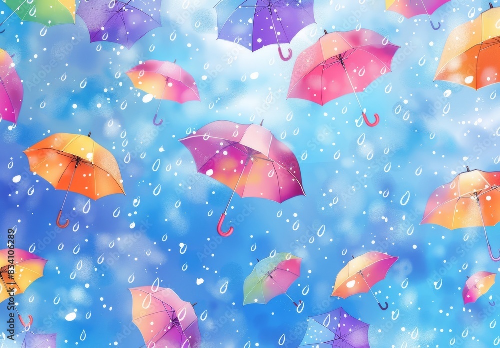 Poster pattern of colorful umbrellas floating in the sky, with raindrops falling around them suitable for a