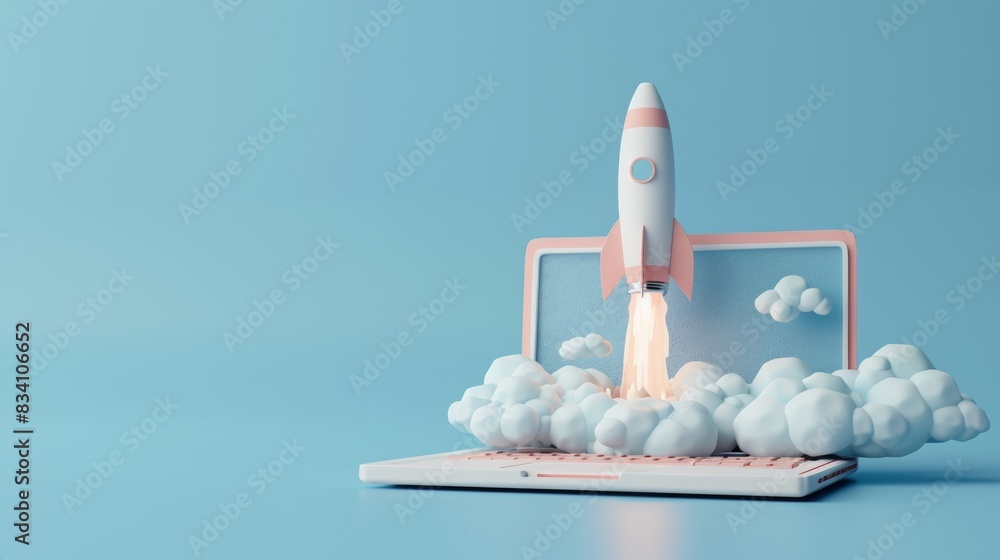 Poster 3D rendering of a rocket emerging from a laptop computer on a blue background, in the style of an explosion concept, for an illustration design with a business and technology mock up template theme.