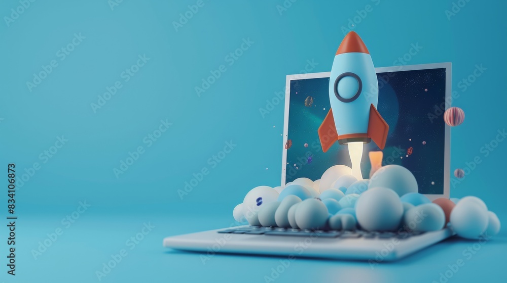 Poster 3d rendering of a rocket emerging from a laptop computer on a blue background, in the style of an ex